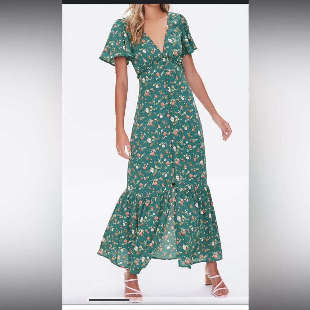 Green Floral Print Maxi Dress Forever 21, backless, size L